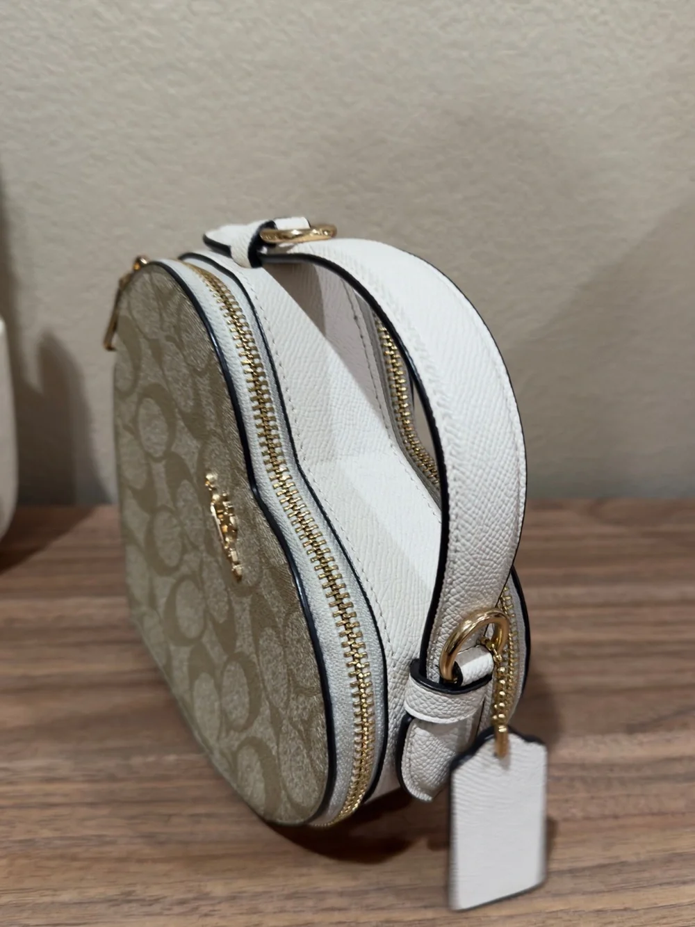 Coach Beige Signature Heart Mini Crossbody with Gold Logo